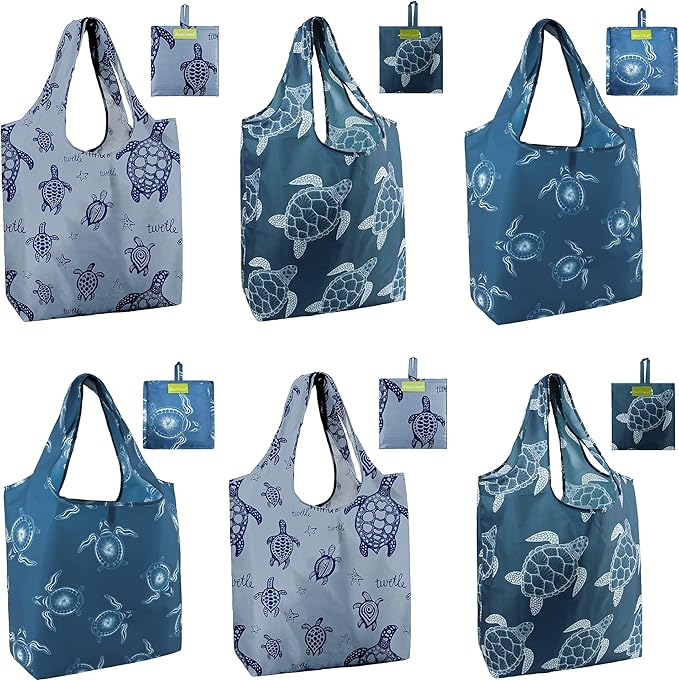 BeeGreen Sea Turtle Reusable Grocery Bags Large Tote Bag With Handles, Bulk Gift Foldable Shopping Bags for Women 6 Pack, Cute Cloth Bag, Heavy Duty, Washable For Beach, Holiday, Travel And Groceries