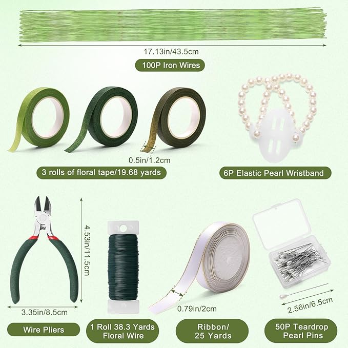 AHIER Corsage Wristlet Band, 162PCS DIY Wrist Corsage Kit with 6P Corsage Bracelet, Wire Cutter and Floral Wire, Green Floral Tape, Pin, Ribbon for Wedding Party Boutonniere Wrist Corsage Supplies