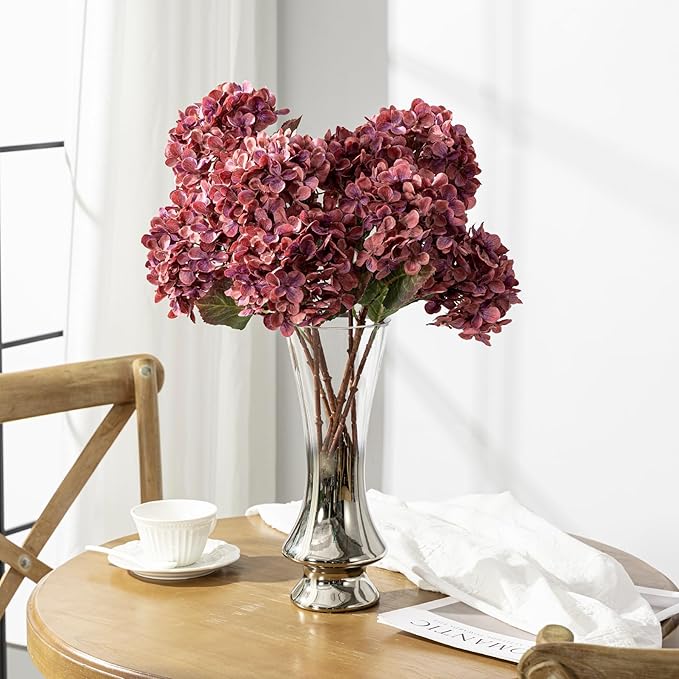 Artificial Flower Fake Silk Hydrangea Heads Bouquet with Stems Bulk for Fall Decoration Table Center Christmas Indoor Outdoor Faux Floral Realistic with Leaves Plants Crafts 8PCS(Rose red)