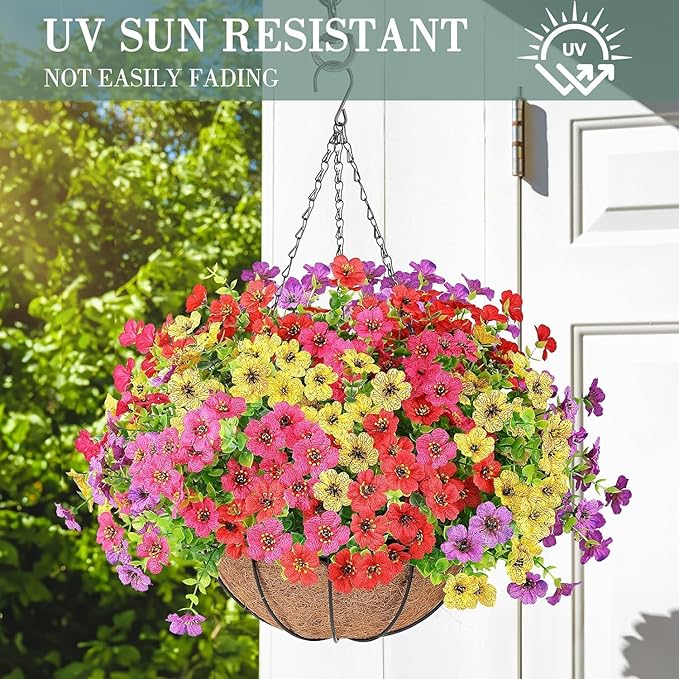 Artificial Flowers Hanging Plants in Basket,Artificial Hanging Flowers for Outdoor Indoor Decor,UV Resistant Hanging Baskets with Fake Flowers for Patio Garden Porch Deck Decoration