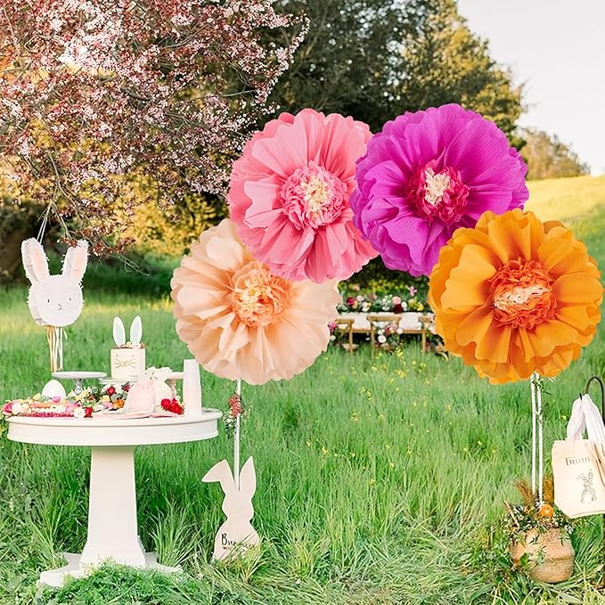 SUNBEAUTY 4 PCS 20" Hot Pink Orange Fall Birthday Party Decorations Giant Paper Flowers Large Crepe Tissue Pompoms Sunset Autumn Women Girls DIY for Wedding Backdrop Bridal Baby Shower Thanksgiving