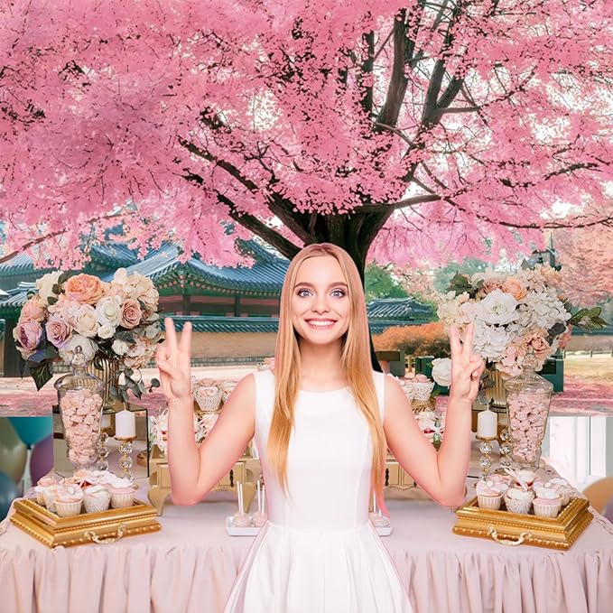 Renaiss 10x7ft Pink Cherry Blossom Backdrop Polyester Fabric Japan Cherry Floral Tree Landscape Palace Asian Themed Party Photography Background Wedding Birthday Party Decor Photo Booth Props