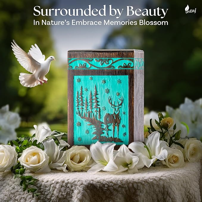INTAJ Handcarved Rosewood Teal Green Deer Urn for Human Ashes Adult - 115 lbs Capacity Forest Wooden Cremation Urn Box Suitable for Burial Funeral Decorative Wildlife Memorial Casket Secure