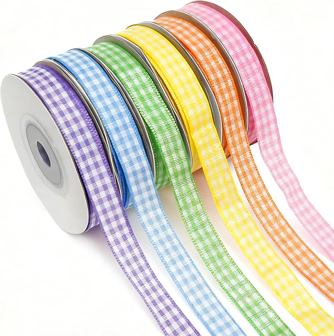 3/8" 6 Colors X 10 Yards Light Rainbow Check Satin Ribbon,60 Yards Assorted Colors Satin Ribbons for Flower Bouquet,Ribbons for Gift Wrapping Happy Birthday Party Decorations