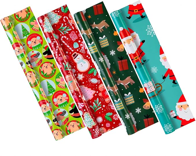 Cherubfunz Christmas Wrapping Paper (4 Rolls: 93 sq. ft. ttl) Santa Claus Carrying Gifts, Candy Cane, Reindeer, Tree/Bell, Dogs Pattern- Christmas Elements Collection - 17 inches x 16.5 feet Per Roll