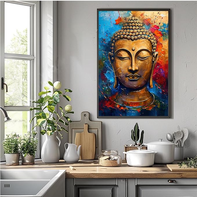 Golden Serenity Buddha Vintage Painting Wall Art Spirituality and Modern Art Wall Decor Adds Brilliance to Vibrant Home Decor 20x30in Metal blackFramed