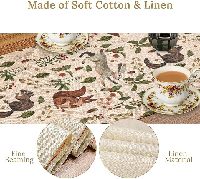 Rustic Forest Table Runner, Cartoon Woodland Wild Animals Rabbit Fox Vintage Botanical Mushroom Herbs Table Cover for Indoor Outdoor Home Decor Party, 13x120inch