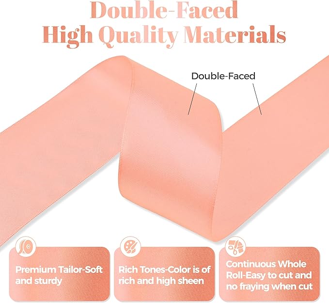 Premium Double Faced Satin Ribbon, 2 Inch X 50 Yards, Peach, Perfect for Gift Wrapping, Crafts, Wedding Decor