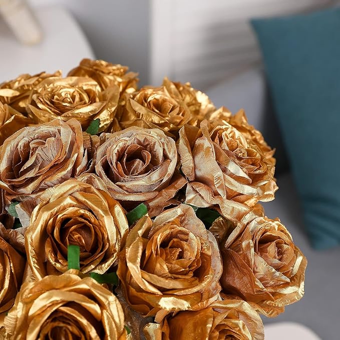 Gold Fake Roses Artificial Flowers - 10 Pcs Fake Artificial Roses Silk Flowers with Stems for Home Wedding Hotel Office Centerpiece Decor