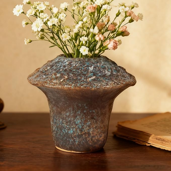 Ceramic Flower Vase Home Decor-4.4" Small Decorative Terracotta Vases Vintage Living Room, Kitchen Bedroom Decorations for House Book Shelf Office Coffee Desk Dining Fireplace