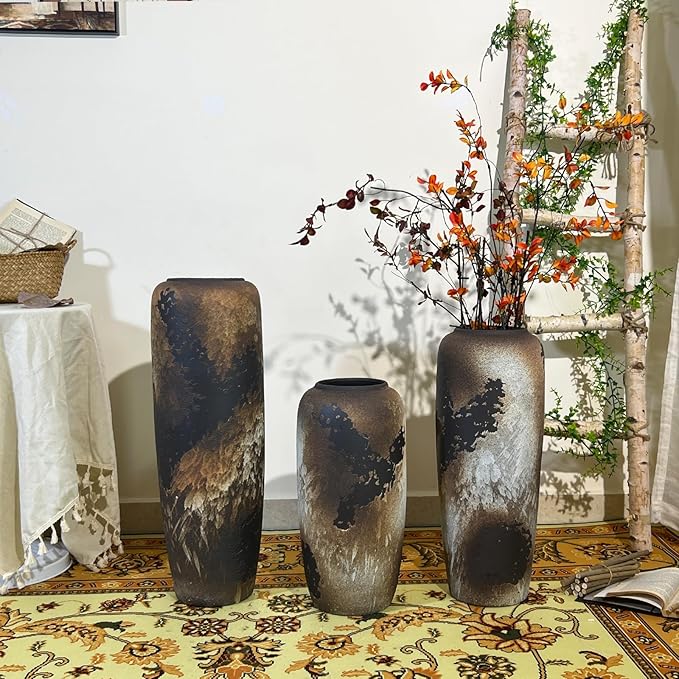 Black Rustic Ceramic Tall Floor Vase, 23.6 Inch Vintage Large Farmhouse Vase Pottery Clay Terracotta Rustic Vases for Home Decor Living Room Entryway Table Centerpieces,Kitchen,Housewarming Gifts