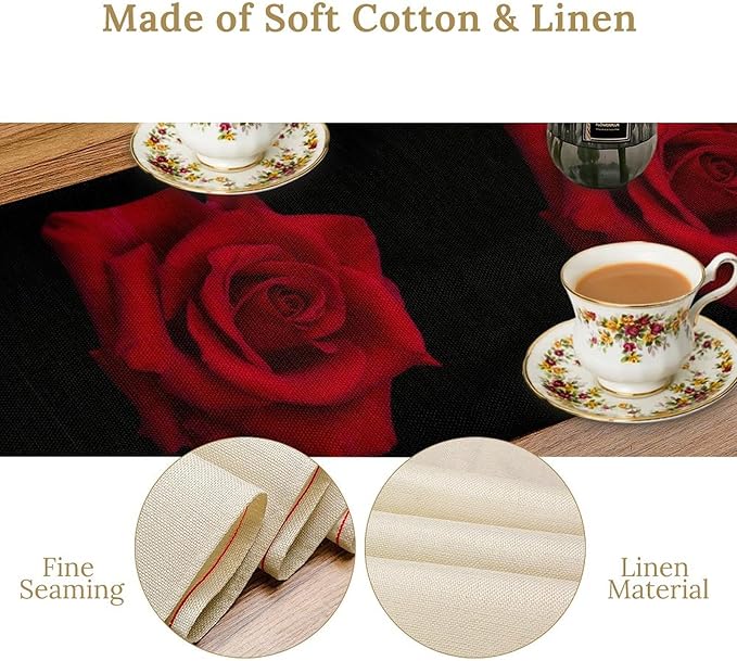Red Rose Table Runner,Romantic Flower Black Table Runner for Indoor Outdoor Holiday Home Wedding Party 13x36 Inch