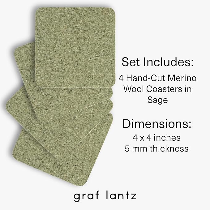 Graf Lantz - Bierfilzl Merino Wool Square Coasters Set of 4 - Sage (4"x4"x5mm) - Absorbs 30% of Weight - Natural German Wool - Heat Resistant, Sustainable, Reusable - Home Decor, Coffee Table Decor