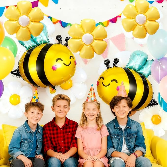 Bee Balloons Daisy Flower Balloons Set Yellow,White Daisy Flower and Bee Foil Mylar Balloons(5+5+5) for Baby Shower Gender Reveal Birthday Party Decorations Fall Bee Theme Balloon Arch Kit