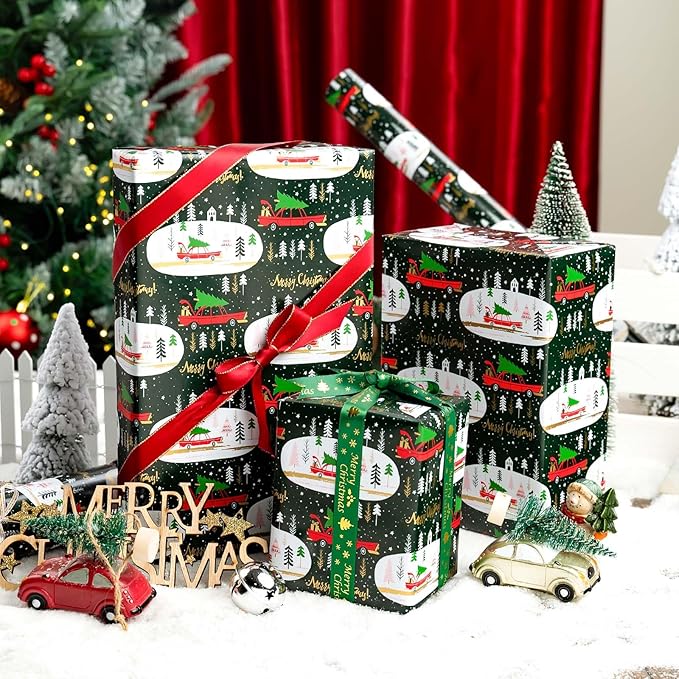 MAYPLUSS Green Christmas Wrapping Paper - 17In x 33 Feet - Truck, Christmas Tree Xmas Gift Wrapping, Gold Foil Wrapping Paper for Holiday, Party, Birthday New Year Gift Wrapping Paper,Mini Roll