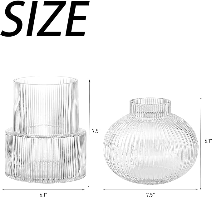 Ribbed Glass Vases, Set of 2 Fluted Vases for Flowers, Clear Glass Vase for Tulips, Modern Vase for Living Room, Kitchen, Office, Entryway, Mantle, Bookshelf, Wedding Gifts, Birthday