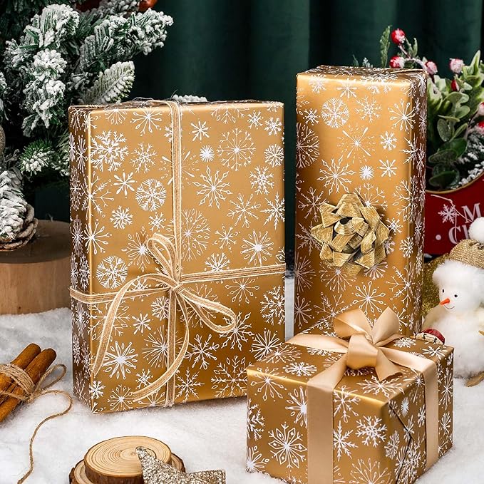 MAYPLUSS Winter Snowflake Christmas Wrapping Paper - 17 Inch X 33 Feet - Christmas Festive White Snowflake Print on Gold Mini Roll Reusable Holiday Gift Paper for Party Wedding Birthday Baby Shower