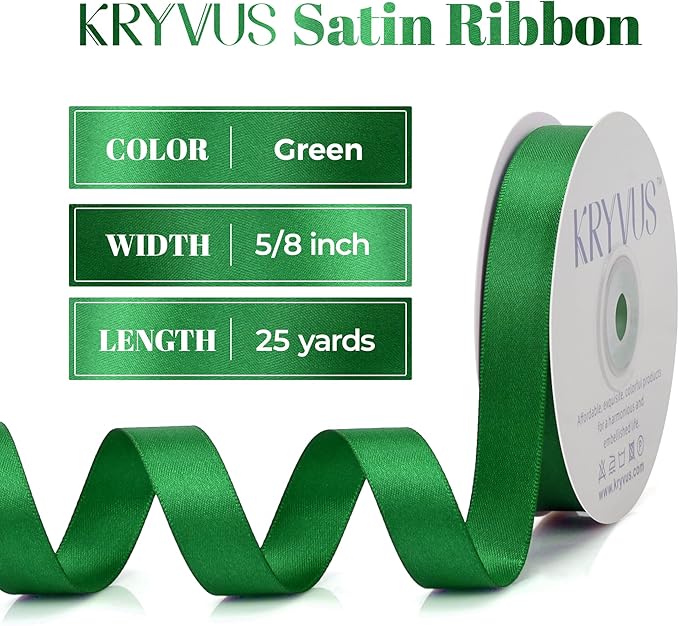 Green Satin Ribbon, Double Faced 5/8 Inch X 25 Yards Green Ribbon, Premium Satin Ribbon for Gift Wrapping, Crafts, Hair Bow Making, Sewing, Flower Bouquet, Wedding Party Decor