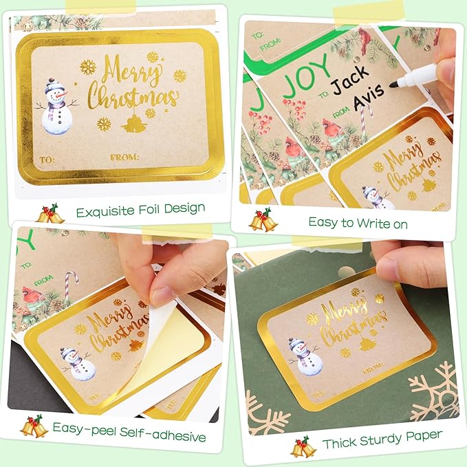 Jumbo Christmas Name Tags Stickers 120 Pack/8 Designs -Gift Tag with Reflective Metallic Foil for Christmas Presents (Vintage Brown)