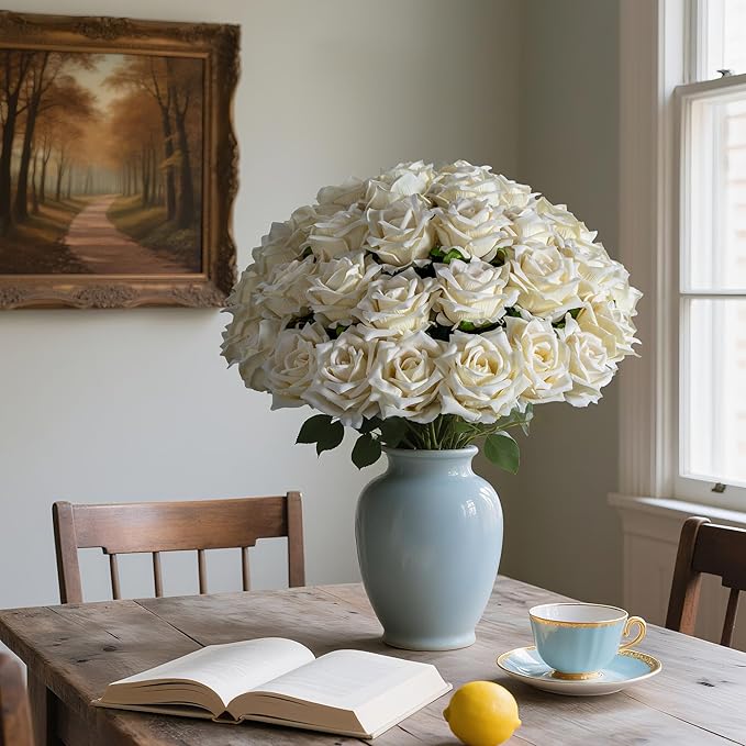 Fake Roses Faux Flowers Silk Roses 36PCS Artificial Roses with Stems Realistic Artificial Flowers Suitable for Indoor Home Decoration DIY Bouquet Wedding Decor Party Decor 16.5In (White)