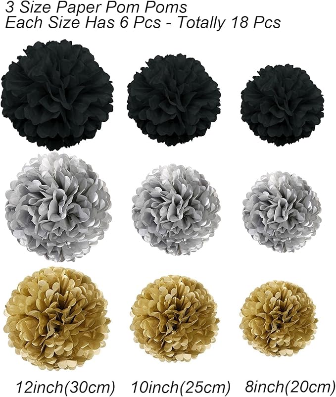 Tissue Paper Pom Poms, Recosis Paper Flower Ball for Birthday Party Wedding Baby Shower Bridal Shower Festival Decorations 18 Pcs - Black, Gold and Silver