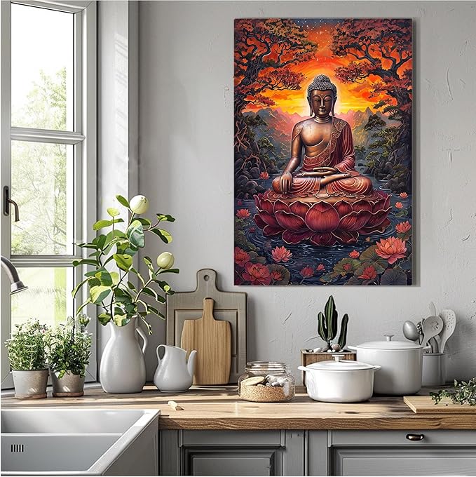 Golden Buddha on lotus seat serene meditation statue amidst lush trees flowing water and sunrise light spiritual home art for a tranquil decor 28x40in Frameless