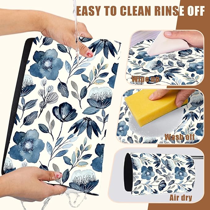 Blue Flowers Dish Drying Mat for Kitchen Counter Coffee Mat Hide Stain Absorbent Dish Drainer Rack Pad with Non-Slip Rubber Backed Espresso Machine Coffee Bar Accessories 11.8 x 19.7 Inch