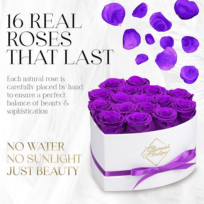 GLAMOUR BOUTIQUE Preserved Roses in a Box - Gifts for Her, Wife & Mom, Rose Flowers Forever Decor for Birthday Gift, Get Well Flower Bouquet Cased in White Box with Cover - Purple - 16-Piece