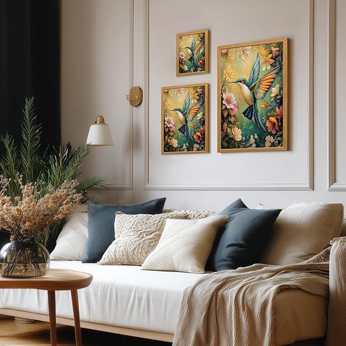 LLEEMPI William Morris Wall Art, Vintage Bird Floral Wall Decor, Hummingbird Flower Canvas Painting, Colorful Nature Botanical Aesthetic Picture for Living Room Bedroom Kid Room Wood Framed 12x16 inch