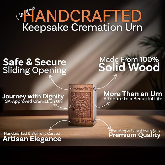 INTAJ Tree of Life Wooden Urn for Human Ashes, 20lbs Capacity, Suitable for Burial for Men, Women, Mom, Dad - Mini Rosewood Keepsake Cremation Urn for Ashes Handcrafted - Wooden Carved Box