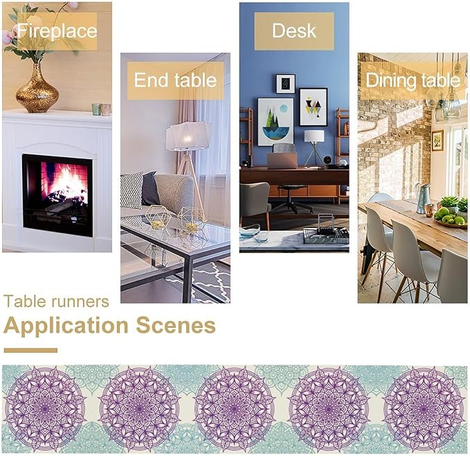Boho Mandala Table Runner, Purple Blue Bohemian Floral Table Decor Runner for Kitchen Dining Indoor Outdoor Party Decoration, 13x36 Inch
