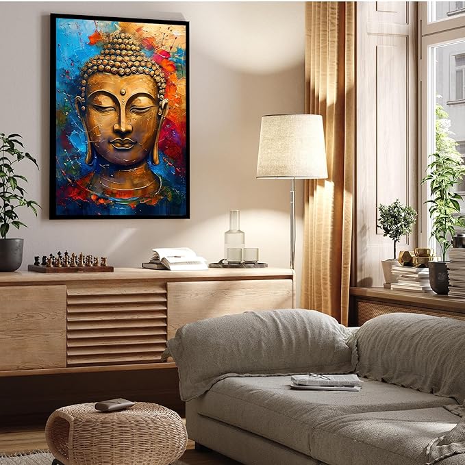 Golden Serenity Buddha Vintage Painting Wall Art Spirituality and Modern Art Wall Decor Adds Brilliance to Vibrant Home Decor 12x18in Metal blackFramed