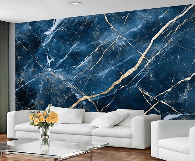 Blue Marble Wall Mural, Gold Vein Marble 3D Wall Murals, Luxury Navy Stone Wallpaper Mural, for Living Room Bedroom Large Wallpaper Indoor Decor 169.3" W x118.2 H