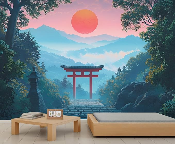 KIREUPA Japanese Torii Gate Wall Mural, Sunrise Mountain Landscape 3d Wall Murals, Zen Nature Art Wallpaper Mural, for Living Room Bedroom Large Wallpaper Indoor Decor 177.16" W x120 H