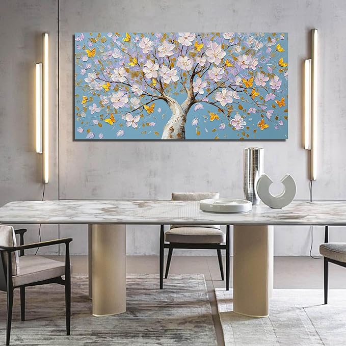 Purple Blossom Tree with Butterflies Canvas Wall Art with Gold Accents, Blue Background Abstract Picture for Living Room Bedroom Wall Decor Printed Painting Artwork Decoration Large Size 58x29 Inches
