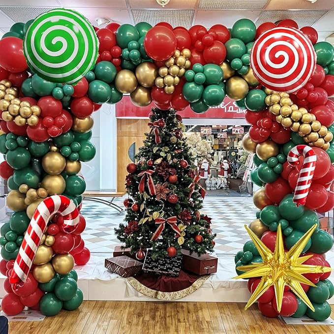 Christmas Balloon Garland Arch Kit, Xmas Red Green Gold Balloons Candy Cane Explosion Star Mylar Foil Balloons for Merry Christmas Ugly Sweater New Year Friendsmas Festival Birthday Party Decorations