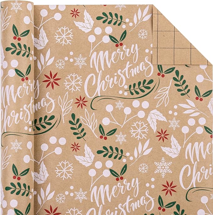 WRAPAHOLIC Kraft Christmas Wrapping Paper - Mini Roll - 17 Inch x 33 Feet - Merry Christmas Wrapping Paper with Leaves Design for Holiday, Party Celebration