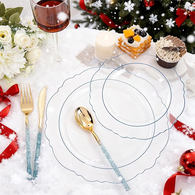 Liacere 150PCS Clear and Blue Plastic Plates-Clear and Blue Disposable Plates with Glitter Bamboo Handle Cutlery-60 Baroque Elegant Plates, 30 Forks, 30 Spoons, 30 Knives for Wedding＆Christmas