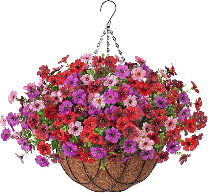 Artificial Silk Flowers Hanging Baskets Outdoors Indoors, Fake Daisy with Eucalyptus Leaves Arrangement for Garden Yard Spring Summer Decor Faux Green Plant(Red Brown Purple Pink)