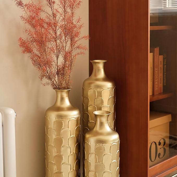 Floor Vases, Tall Home Decor Metal Vase Set of 3 Large Glazed Decorative Vases for Wedding Decor, Elegant Modern Flower Holder for Living Room, Entryway, Hallway, Dining Room
