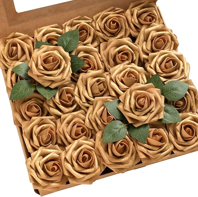 Ling's moment Fall Artificial Flowers 25Pcs Shimmer Gold Roses w/Stems,3" Real Touch DIY Foam Floral for Wedding Bouquet/Centerpieces, Outdoors Party Backdrop, Room/Table, and Garden/Pot Decorations