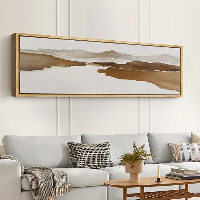 SIGNFORD Large Framed Canvas Print Wall Art Abstract Brown Mountain River Illustrations Modern Art Relax/Calm Warm for Living Room, Bedroom, Office - 60"x20"