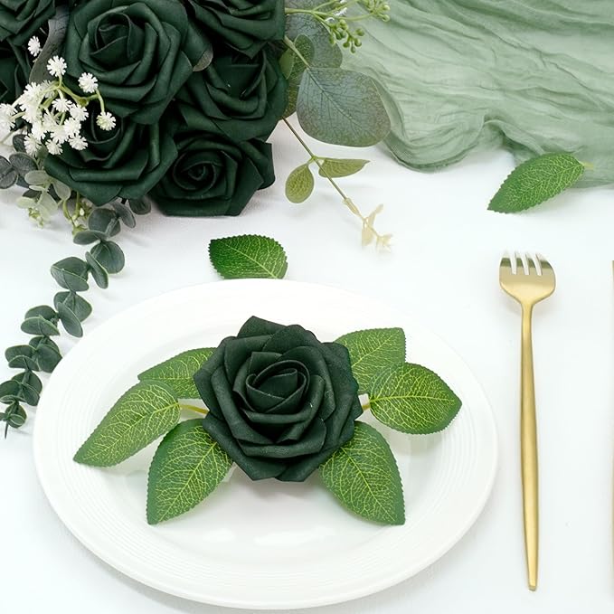 Artificial Flowers, 25pcs Hunt Green Artificial Roses Flowers with Stems Real Touch Fake Roses for DIY Wedding Bouquet Centerpiece Bridal Shower Baby Shower Home Decoration