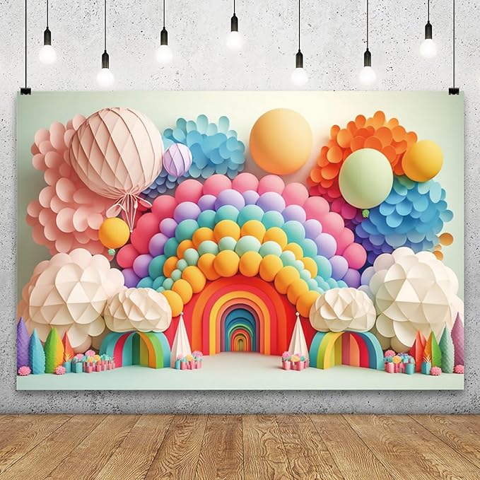 YongFoto Paper Flowers Backdrop 20x10ft Colorful Cut Paper Floral Blossom Rainbow Arch Hot Air Balloon Honeycomb Ball Photography Background Lovely Party Banner Home Decor Photo Studio Booth Props