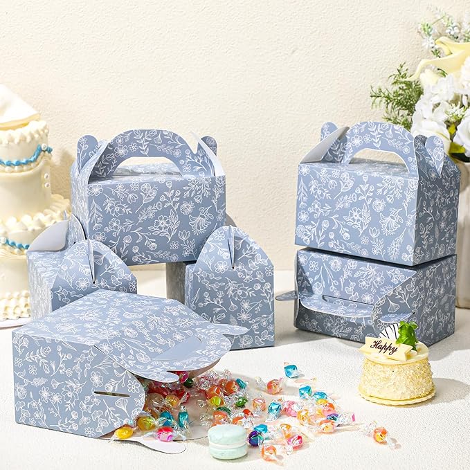 Dunzoom 24 Pack Dusty Blue Floral Paper Gift Boxes Party Favor Gift Gable Boxes with Chinoiserie Floral Printed Candy Treat Box for Wedding Birthday Tea Bridal Shower Party