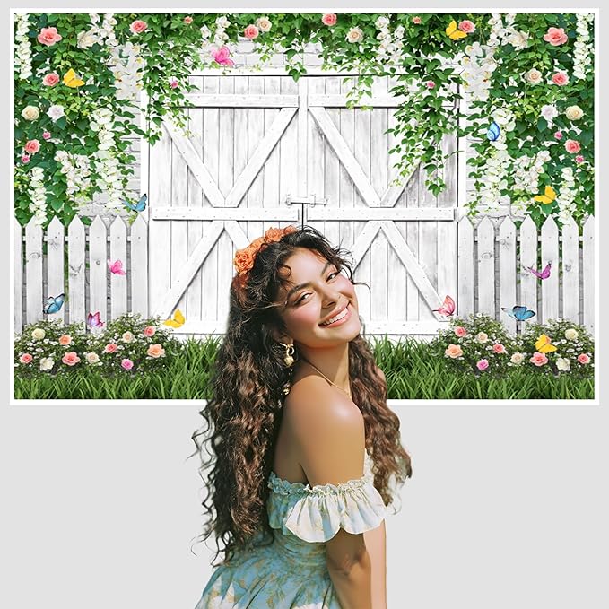 AOFOTO White Barn Door Floral Backdrop 7x5ft Spring Garden Background Banner Green Leaves Flowers Butterfly Wooden Door Backdrops Birthday Bridal Shower Wedding Banner Photo Booth Studio Props