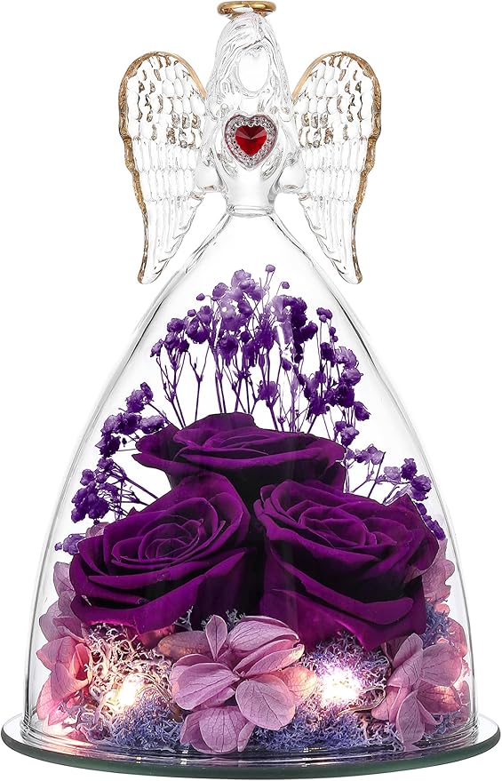 Mothers Day Rose Gifts for Women, Large Angel Figurines with Real Roses, Preserved Real Flower Rose for Her,Full Purple
