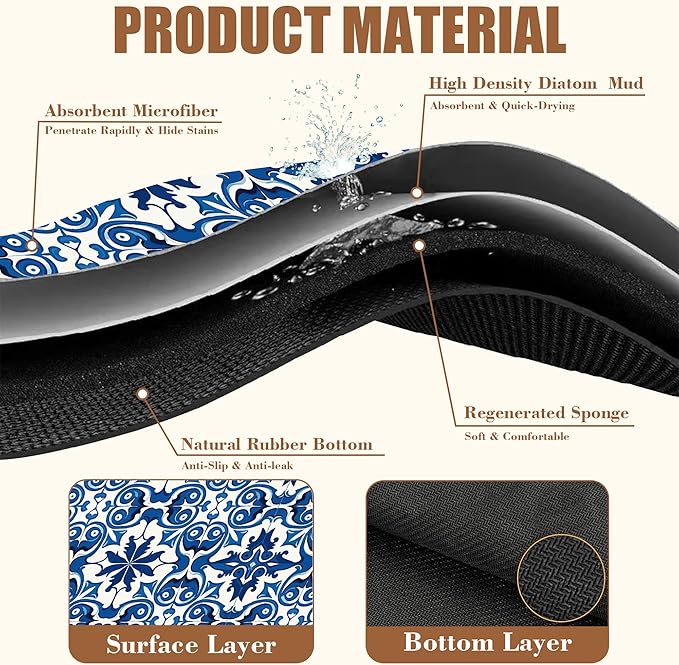 Dish Drying Mat Blue Portuguese Tiles Coffee Bar Mat for Countertop - Absorbent Rubber Backed Hide Stain Dish Drainer Rack - Coffee Maker Pot Dining Room Decoration 15.7 x 23.6 Inch