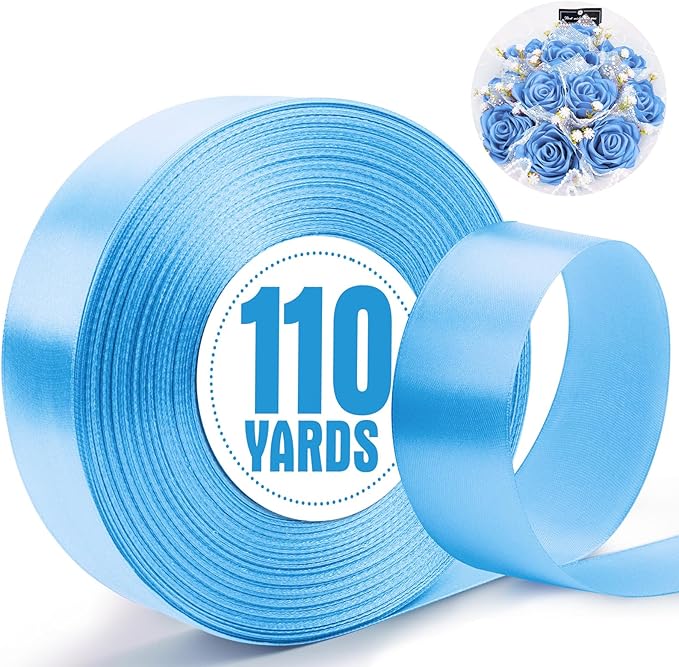 XSEINO 110 Yards Ribbon,1 1/2 Inch Sky Blue Satin Ribbon for Flower Bouquet, Gift Wrapping, Ribbons for Crafts, Hair Bows Making, Wedding Party Decoration, Sewing, Invitation Cards, Christmas