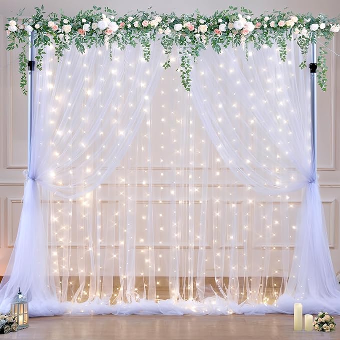 10ft x 10ft White Tulle Backdrop Curtain with Lights String for Parties Wedding Bridal Shower Sheer White Curtain Backdrop for Birthday Baby Shower Photo Booth Background Decorations